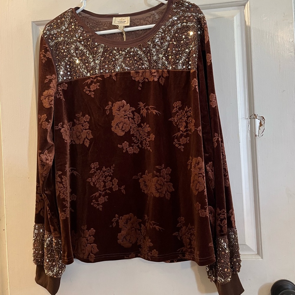 Buckle Brown Velvet Floral Blouse with Sequin Details